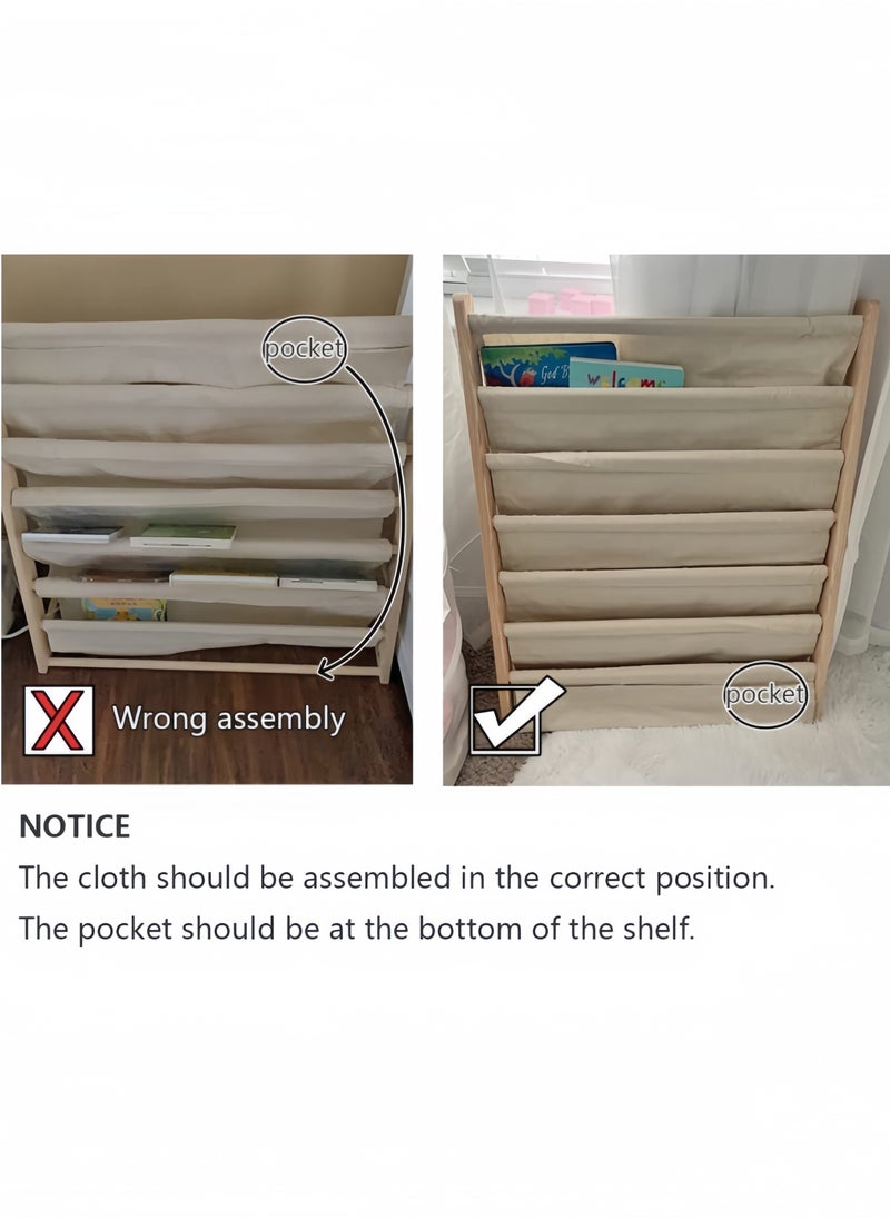 nihao - 5-layer Solid Wood Bookshelf Children's Bookshelf, Student Kindergarten Storage Simple Floor-standing Shelf Picture Book with 3 Storage Bags at The Bottom 75*30*80cm - Image 1