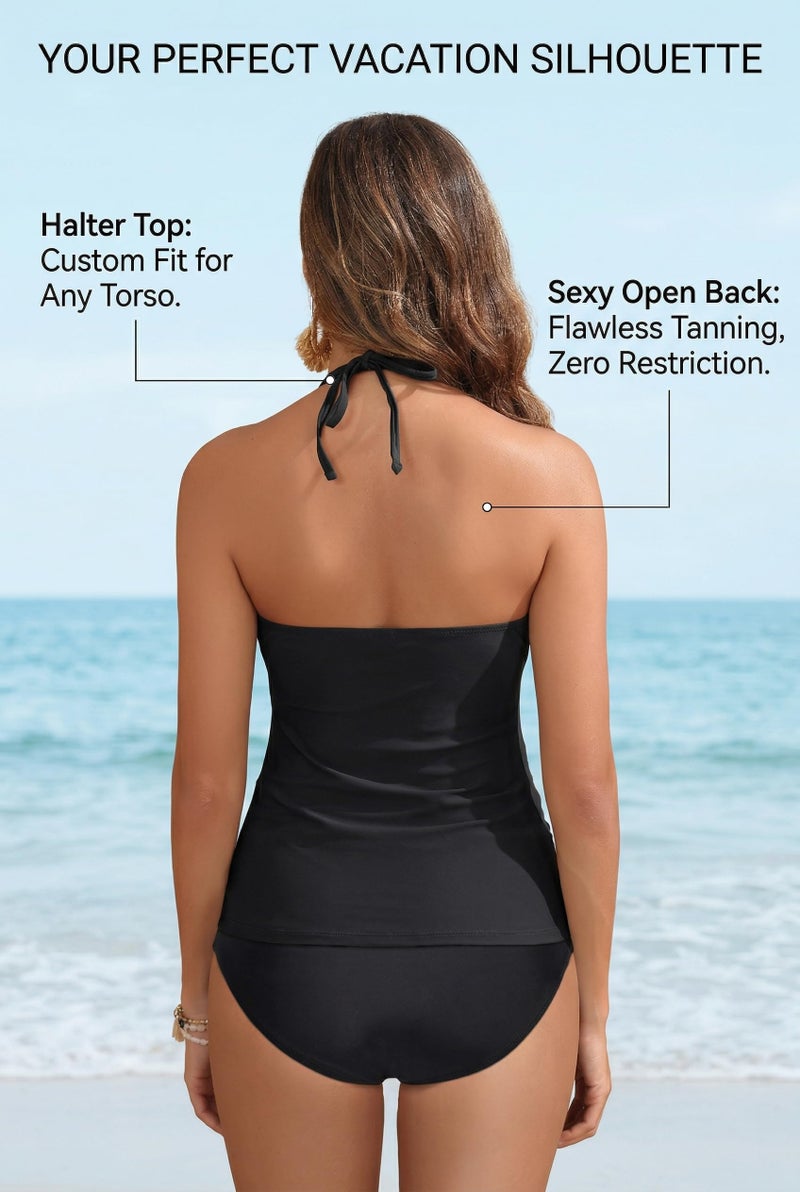 Yonique Womens Two Piece Swimsuits Tummy Control Tankini Plus Size Bathing Suit Halter V Neck Swimwear Solid Black M - Image 5
