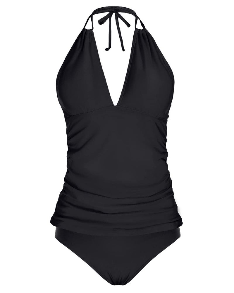 Yonique Womens Two Piece Swimsuits Tummy Control Tankini Plus Size Bathing Suit Halter V Neck Swimwear Solid Black M - Image 4