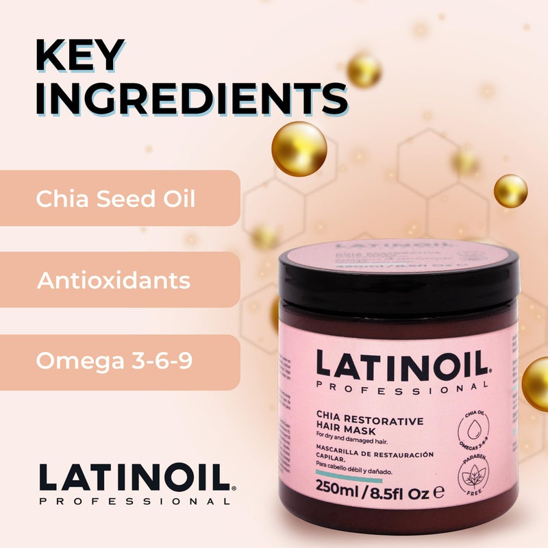 LATINOIL - Chia Oil Hydration Hair Mask for Damaged Hair, Deep Conditioning Hair Mask with Chia Oil, Antioxidants and Omega 3-6-9, Hair Treatment for Dry Damaged Hair, 250 mL - Image 4