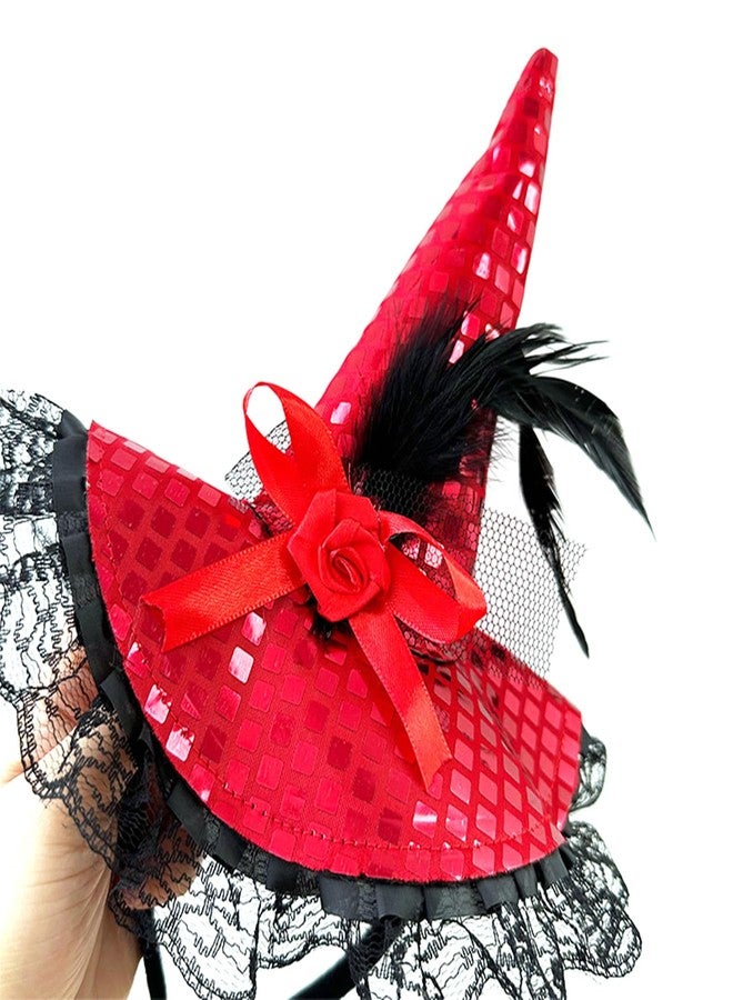 Dzrige Halloween Witch Hat Headband Witch Feather Headwear with Lace Trim Witch Hat Headpiece Accessories for Halloween Party Cosplay (Red) - Image 2
