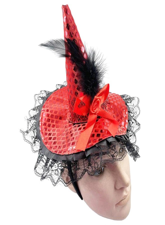 Dzrige Halloween Witch Hat Headband Witch Feather Headwear with Lace Trim Witch Hat Headpiece Accessories for Halloween Party Cosplay (Red) - Image 5