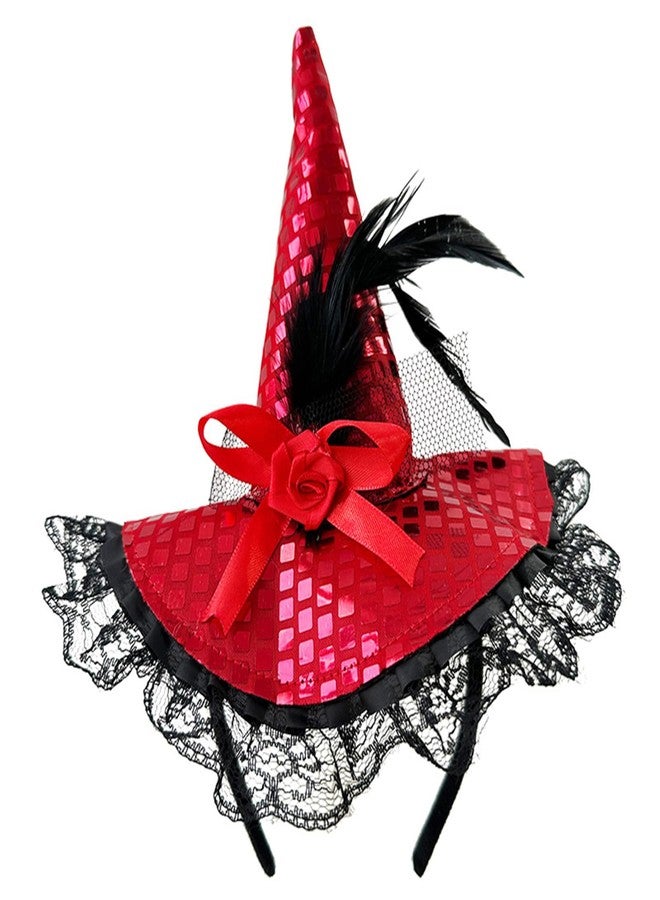 Dzrige Halloween Witch Hat Headband Witch Feather Headwear with Lace Trim Witch Hat Headpiece Accessories for Halloween Party Cosplay (Red) - Image 1