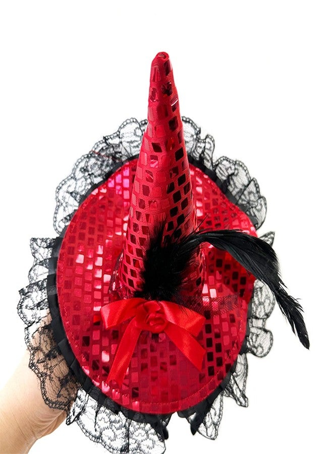 Dzrige Halloween Witch Hat Headband Witch Feather Headwear with Lace Trim Witch Hat Headpiece Accessories for Halloween Party Cosplay (Red) - Image 3