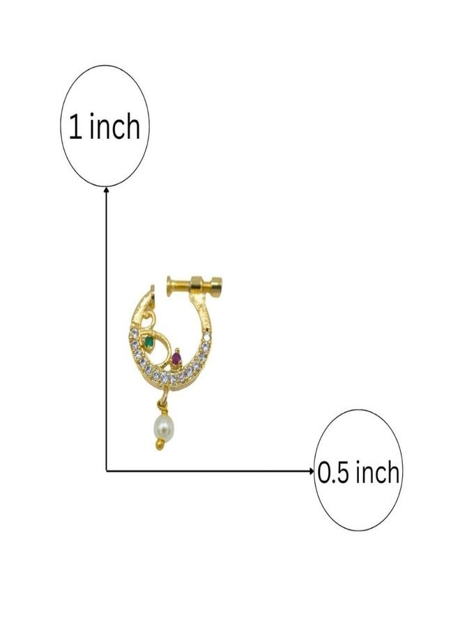 ZEELLO Traditional Gold Plated Nose Ring with Pearl Drop, Crescent Moon Design, Multicolor Cubic Zirconia Stones, Brass, Screw Back Closure - Image 4