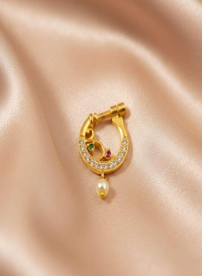 ZEELLO Traditional Gold Plated Nose Ring with Pearl Drop, Crescent Moon Design, Multicolor Cubic Zirconia Stones, Brass, Screw Back Closure - Image 3