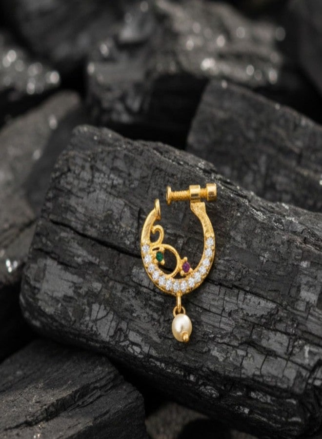 ZEELLO Traditional Gold Plated Nose Ring with Pearl Drop, Crescent Moon Design, Multicolor Cubic Zirconia Stones, Brass, Screw Back Closure - Image 2