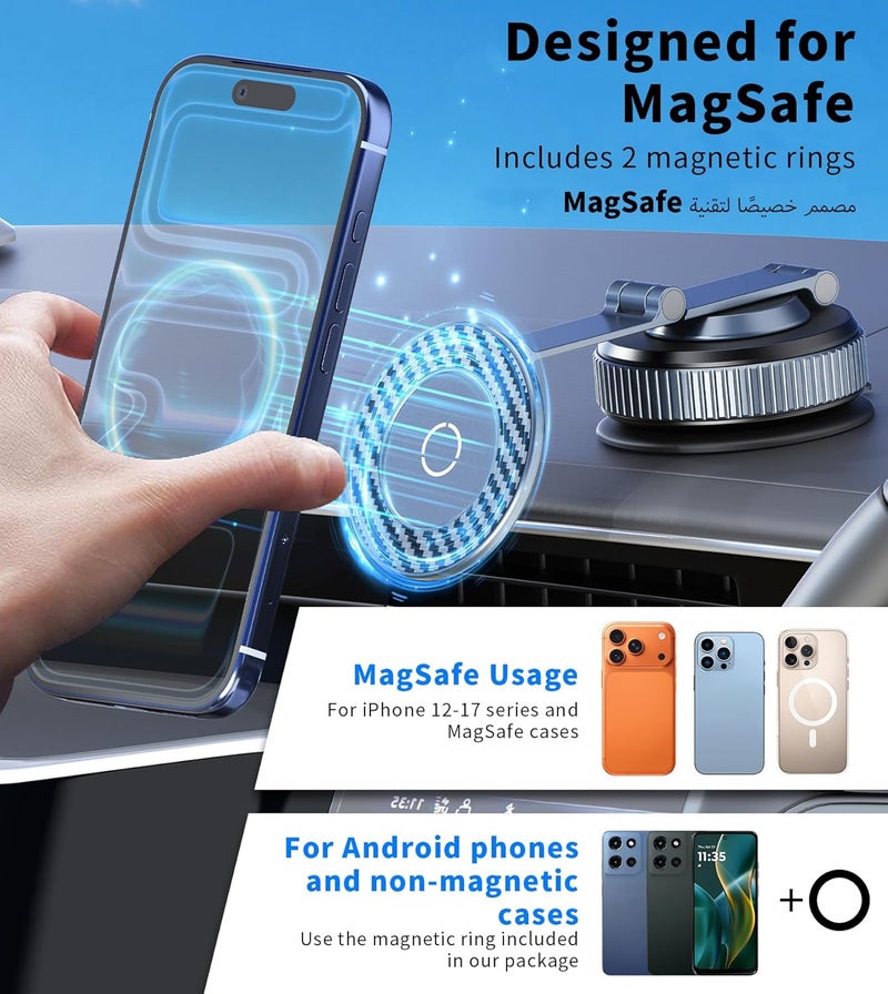TONEOF 3-Fold Magnetic Car Phone Holder with Vacuum Suction, Adjustable Long Arm Dashboard Mount, Strong Magnetic Grip, 360° Rotation Phone Holder, Heat Resistant Car Mount for iPhone&All Phones - Image 5