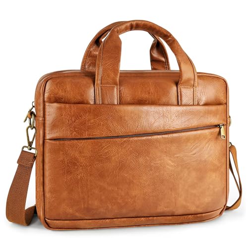 Stuery Faux Leather Messenger Bag for Men 17.3 Inch: Laptop Bag Briefcase Computer Handbags Shoulder Crossbody Bag with Padded Laptop Sleeve for Work College Travel, PU Brown - Image 1