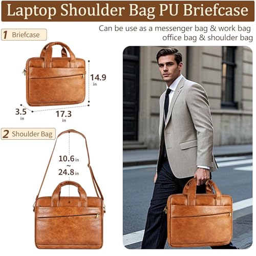 Stuery Faux Leather Messenger Bag for Men 17.3 Inch: Laptop Bag Briefcase Computer Handbags Shoulder Crossbody Bag with Padded Laptop Sleeve for Work College Travel, PU Brown - Image 4