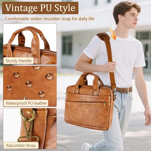 Stuery Faux Leather Messenger Bag for Men 17.3 Inch: Laptop Bag Briefcase Computer Handbags Shoulder Crossbody Bag with Padded Laptop Sleeve for Work College Travel, PU Brown - Image 3