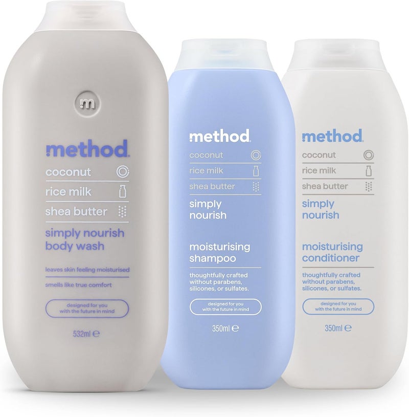 Method Simply Nourish Regime Kit Simply Nourish Shampoo 1x 350ml Conditionner 1x 350ml and Body Wash 532 ml Coconut Rice Milk Shea Butter Scent SulphateFree