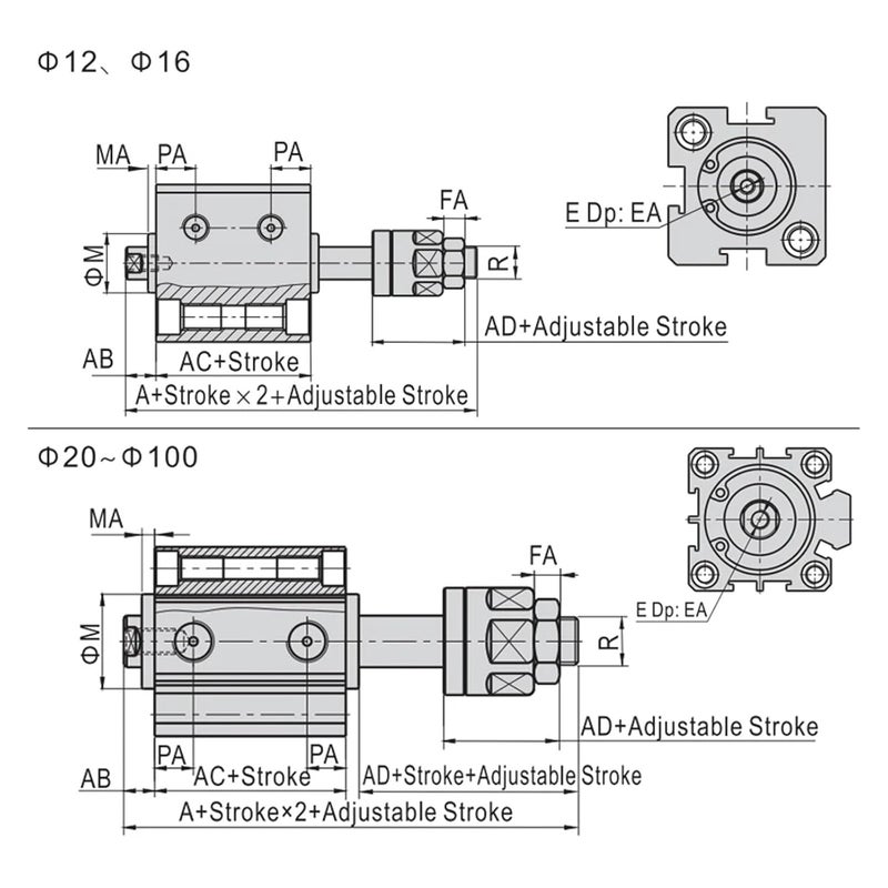 SDAJ12/16 Double Acting Piston Aluminum Alloy Adjustable Stroke Compact Thin Air Pneumatic Cylinder, Stroke 20-50mm Joyful(SDAJ12x50-30) - Image 4