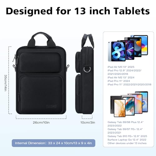 MoKo 10-13 inch Tablet Sleeve Bag for iPad Pro/Air M4 13inch, Pro 12.9/11 inch, 10.9" iPad 10th/Air 5/4th, Galaxy Tab S8+/S9+ 12.4, Carrying Case with Multi-Pockets & Removable Shoulder Strap, Black - Image 4