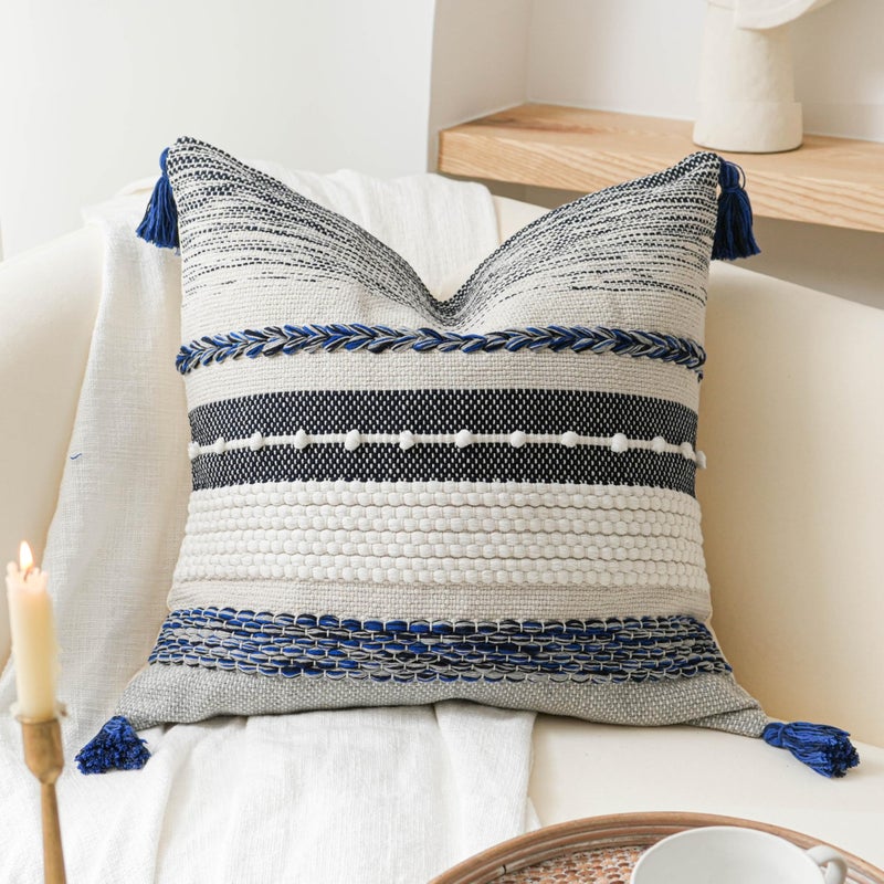BlissBlush Navy Dark Blue Decorative Throw Pillow Cover 20x20 Square Boho Accent Pillowcase Tassels Farmhouse Cushion for Couch Sofa Bedroom Living Room Home Dcor Cover ONLY