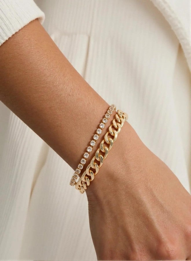 KOSMOS-LI 4PCS Gold Plate Bracelets for Women Rhinestone Cuban Chain Bracelet Layered Link Bracelet Set Fashion Jewelry (N - Image 4