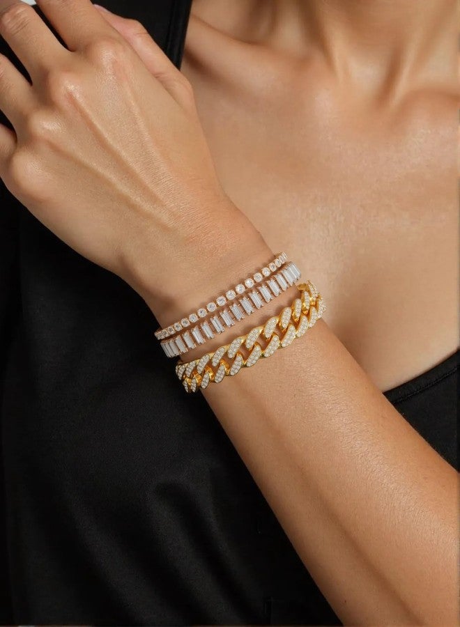 KOSMOS-LI 4PCS Gold Plate Bracelets for Women Rhinestone Cuban Chain Bracelet Layered Link Bracelet Set Fashion Jewelry (N - Image 3