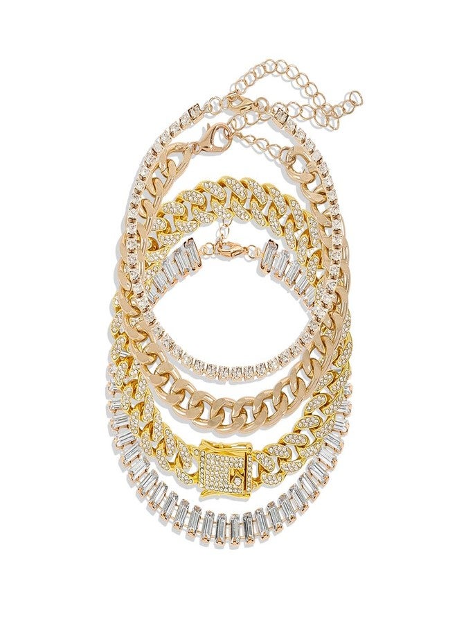 KOSMOS-LI 4PCS Gold Plate Bracelets for Women Rhinestone Cuban Chain Bracelet Layered Link Bracelet Set Fashion Jewelry (N - Image 1