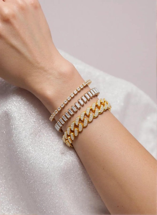 KOSMOS-LI 4PCS Gold Plate Bracelets for Women Rhinestone Cuban Chain Bracelet Layered Link Bracelet Set Fashion Jewelry (N - Image 2