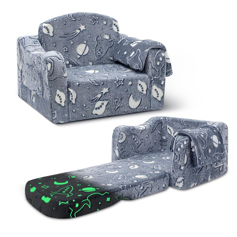 Airpanda Comfy Toddler Couch and Chair for Kids with Blanket, 2-in-1 Soft Plush Fold Out Kids Sofa Chairs for Girls and Boys, Convertible Sofa to Lounger for Playroom, Glowing Starry Sky - Image 1
