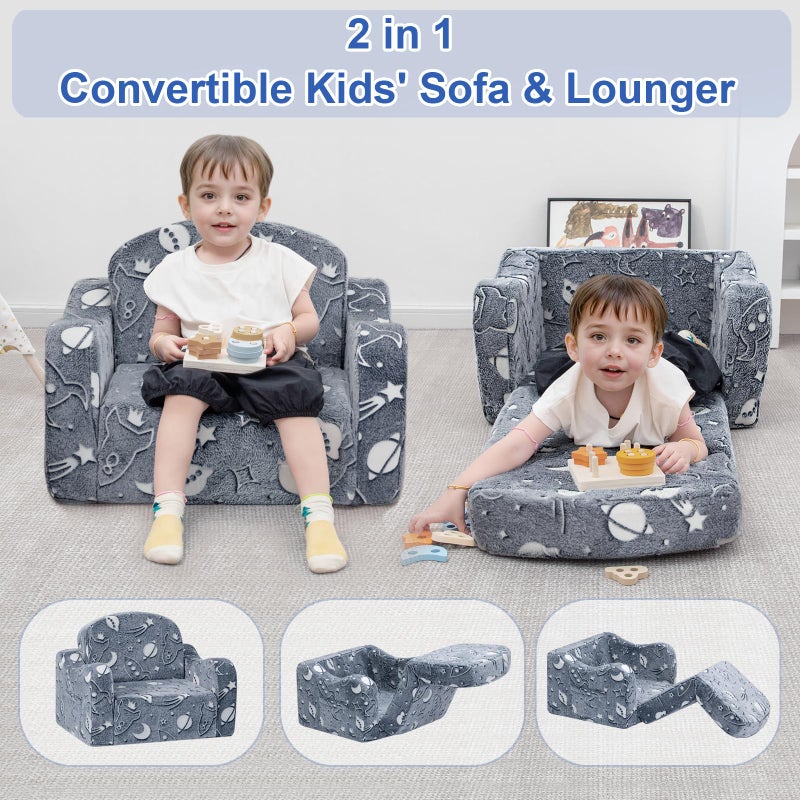 Airpanda Comfy Toddler Couch and Chair for Kids with Blanket, 2-in-1 Soft Plush Fold Out Kids Sofa Chairs for Girls and Boys, Convertible Sofa to Lounger for Playroom, Glowing Starry Sky - Image 2