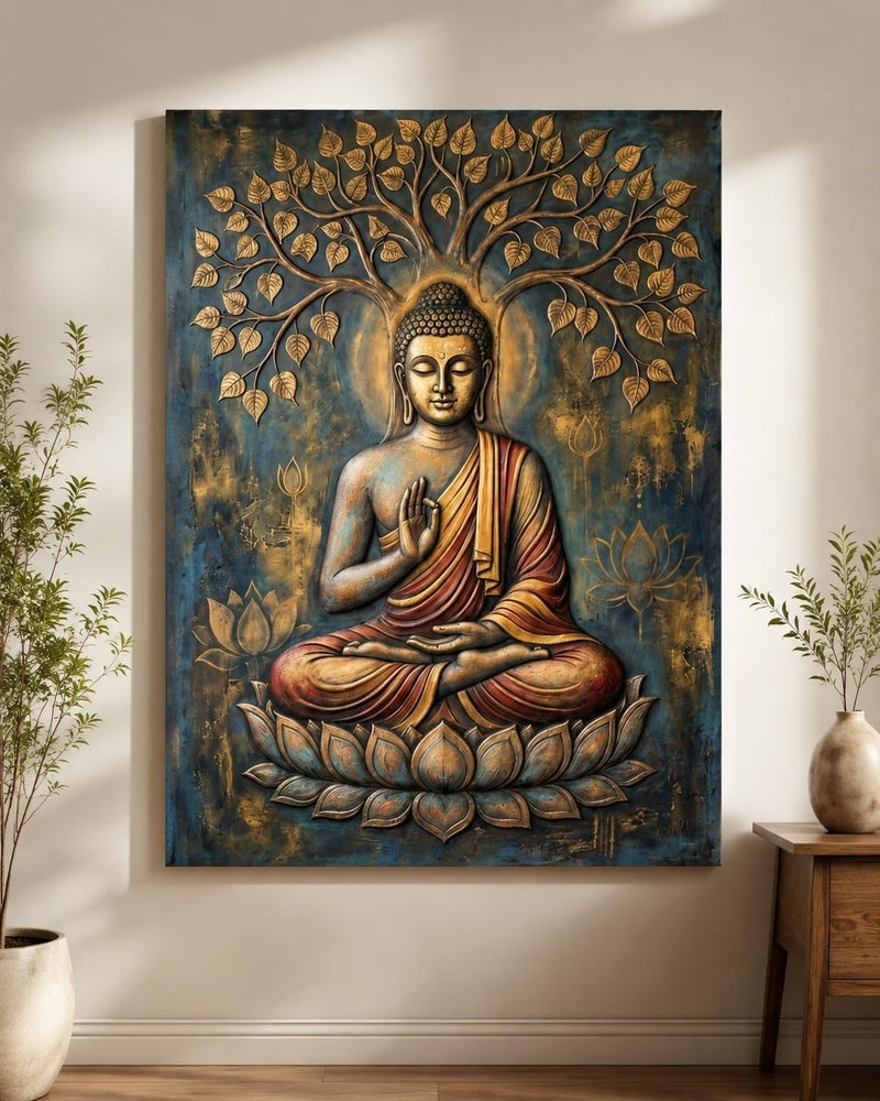 ARS Graphics ARS® Lord Buddha Canvas Wall Art 60 X 90 CM - Gautama Buddha under Bodhi Tree Bas-Relief Style with Golden Lotus on Blue and Gold Background - Image 1