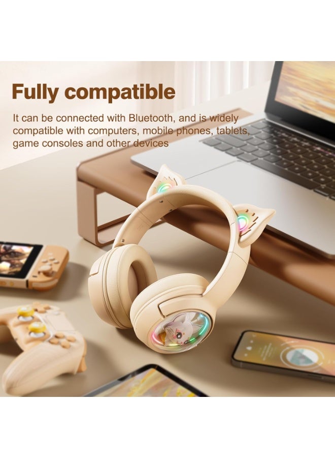 onikuma B5 Cute Cat Bluetooth Headphones, Wireless & Wired Mode Headset with Mic, RGB LED Light, for Girls Women School Gaming, Compatible with Mobile Phones Tablet  Beige - Image 4