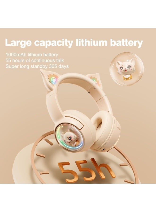 onikuma B5 Cute Cat Bluetooth Headphones, Wireless & Wired Mode Headset with Mic, RGB LED Light, for Girls Women School Gaming, Compatible with Mobile Phones Tablet  Beige - Image 2