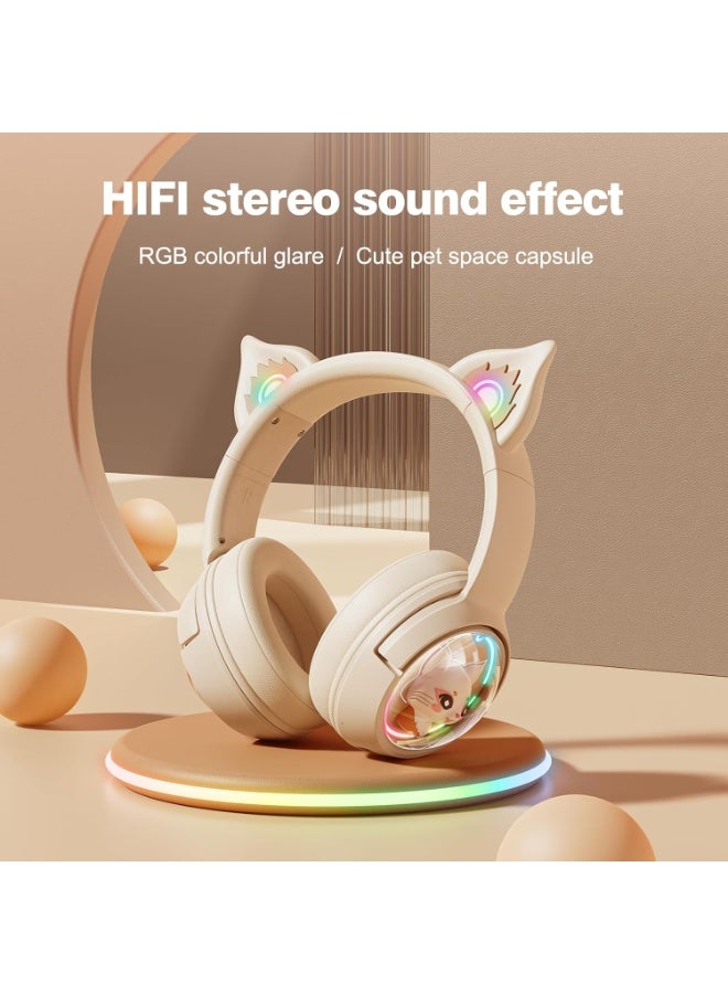 onikuma B5 Cute Cat Bluetooth Headphones, Wireless & Wired Mode Headset with Mic, RGB LED Light, for Girls Women School Gaming, Compatible with Mobile Phones Tablet  Beige - Image 5