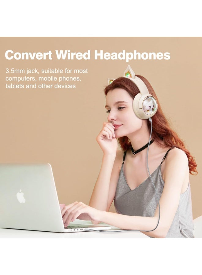 onikuma B5 Cute Cat Bluetooth Headphones, Wireless & Wired Mode Headset with Mic, RGB LED Light, for Girls Women School Gaming, Compatible with Mobile Phones Tablet  Beige - Image 3