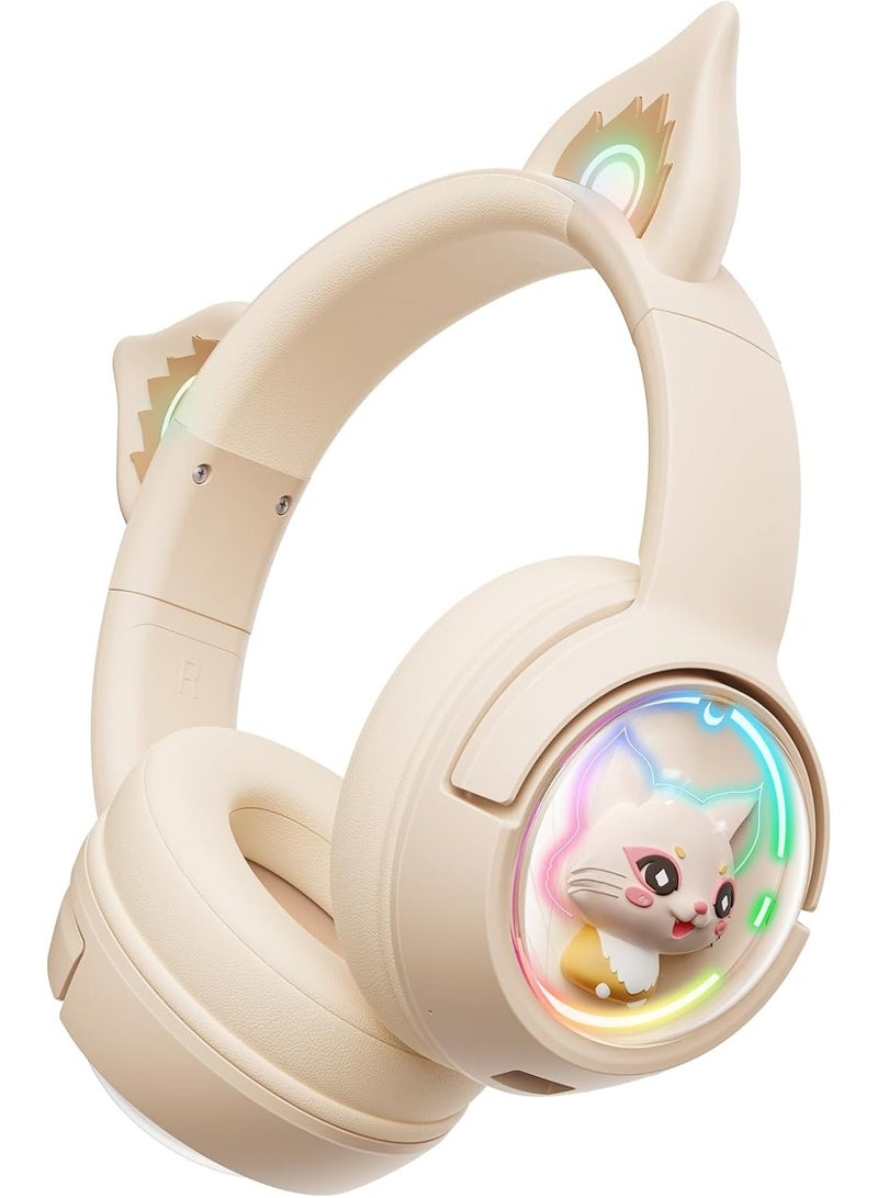 onikuma B5 Cute Cat Bluetooth Headphones, Wireless & Wired Mode Headset with Mic, RGB LED Light, for Girls Women School Gaming, Compatible with Mobile Phones Tablet  Beige - Image 1