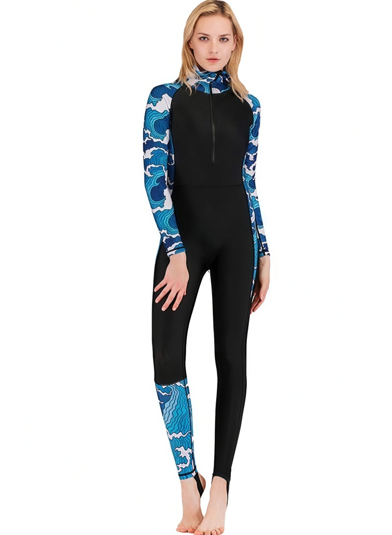 NIBEMINENT Women One-Piece Long Sleeve Pattern Wetsuit Zipper Hoodied Diving Suit Full Body Surfsuit for Water Sport  - Image 2