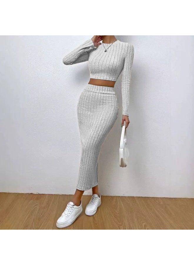 general 2026 Women's Spring Casual Fashion Round-neck Long-sleeved A-line Skirt Knitted Set - Image 1