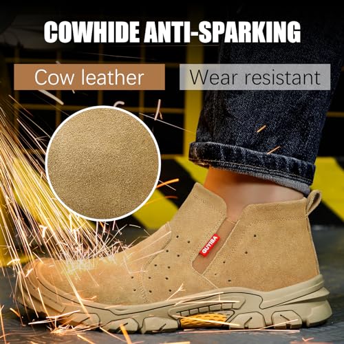 GLANOUDUN Work Boots for Men Slip on Welding Steel Toe Boots Indestructible Steel Toe Shoes for Men Comfortable Men's Work Shoes Anti Smashing Construction Safety Footwear Brown - Image 2