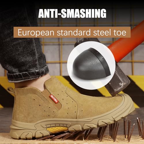 GLANOUDUN Work Boots for Men Slip on Welding Steel Toe Boots Indestructible Steel Toe Shoes for Men Comfortable Men's Work Shoes Anti Smashing Construction Safety Footwear Brown - Image 3