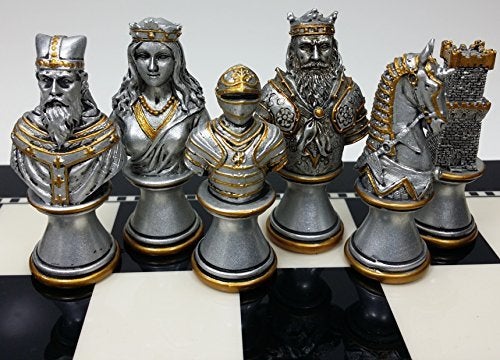 HPL Medieval Times Crusades Knight Chess Men Set Gold & Silver Busts - NO Board - Image 1