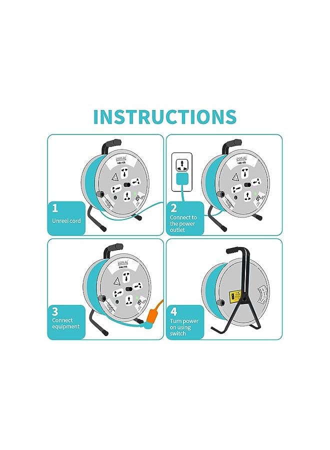 Bonai 50m Extension Reel: Efficiently Power Your Space with 4 Sockets and Fuse Protection - Ideal for Indoor and Outdoor Use - Image 3