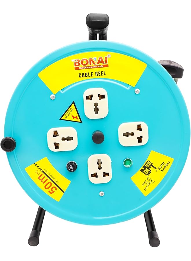 Bonai 50m Extension Reel: Efficiently Power Your Space with 4 Sockets and Fuse Protection - Ideal for Indoor and Outdoor Use - Image 1