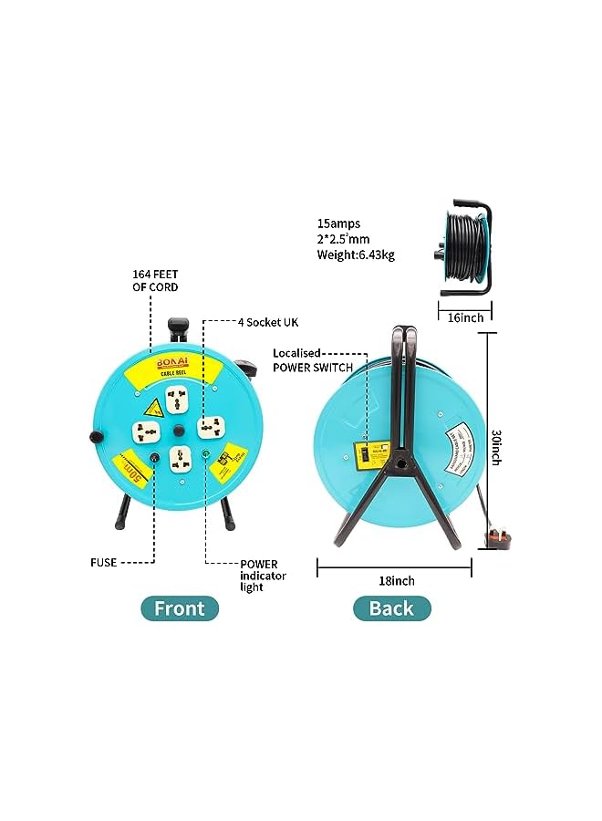 Bonai 50m Extension Reel: Efficiently Power Your Space with 4 Sockets and Fuse Protection - Ideal for Indoor and Outdoor Use - Image 2
