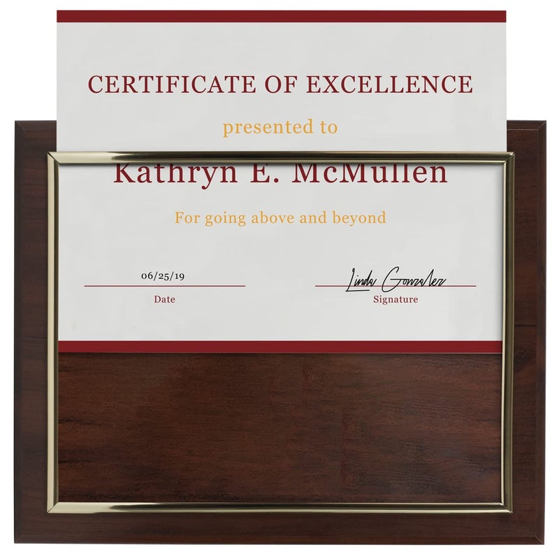 PlaqueMaker 10.5 x 13" Certificate Display Plaque - Offered in Coated Cherry Wood with an 8.5 x 11" Gold Frame - Slide in Your Diploma, Award Certificate, Award of Achievement, Class Photo, and More - Image 4