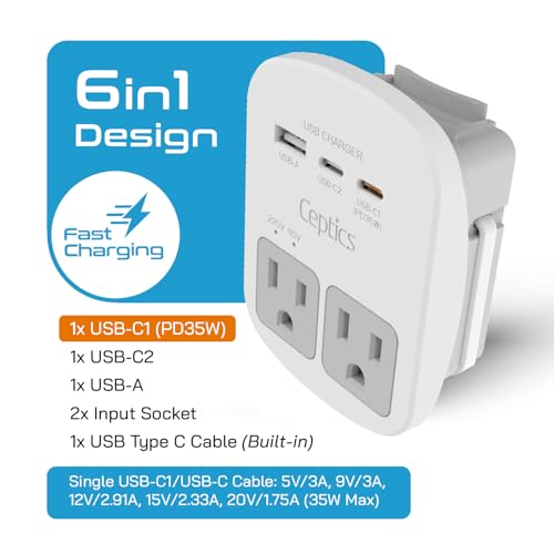 Ceptics 35W Universal Travel Adapter Kit – 2 USA sockets, USB-A, USBC, 1x PD 35W USB-C and USBC Cable, Surge Protected, Plugs for EU, UK, China, AU, Japan - for Laptop, Phone, Camera-ETL Tested - Image 2
