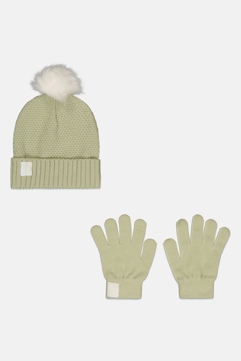 DKNY Jeans Kids Girl 2 Pcs Corchet Beanie And 1 Pair Gloves Set,  Sage Green - Image 1