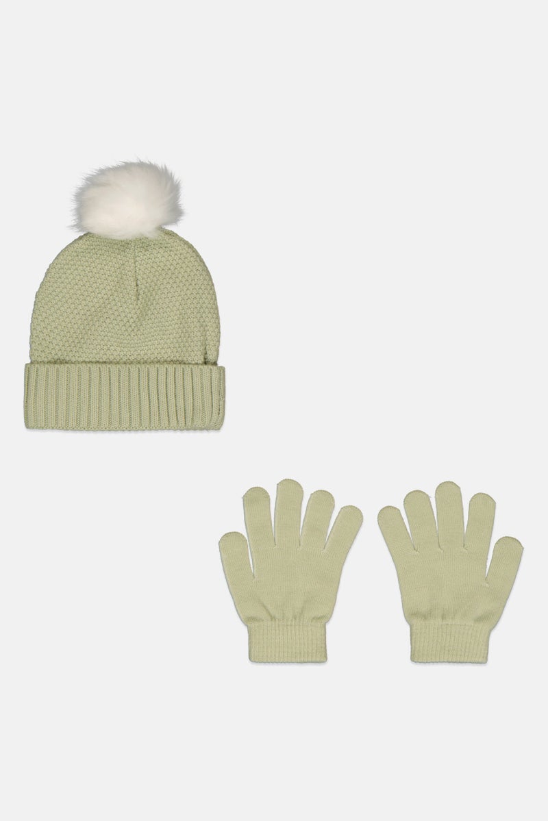 DKNY Jeans Kids Girl 2 Pcs Corchet Beanie And 1 Pair Gloves Set,  Sage Green - Image 2