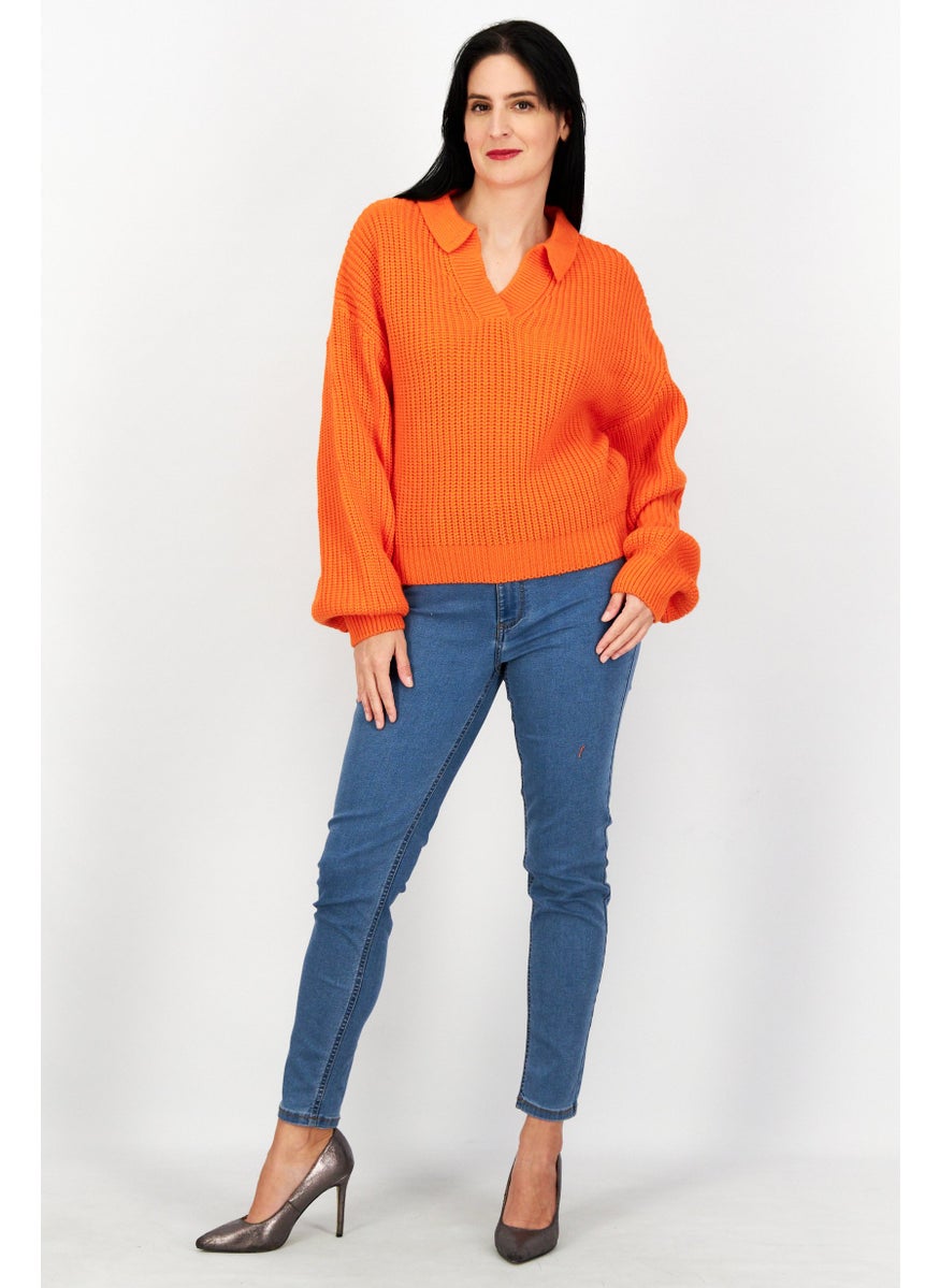 Women Spread Collar Long Sleeve Textured Sweater, Orange - pzsku/Z222C33790014E6CC4FADZ/45/_/1738073756/bae6a3ea-2af2-49b5-9016-4ae8a8c9c2fc