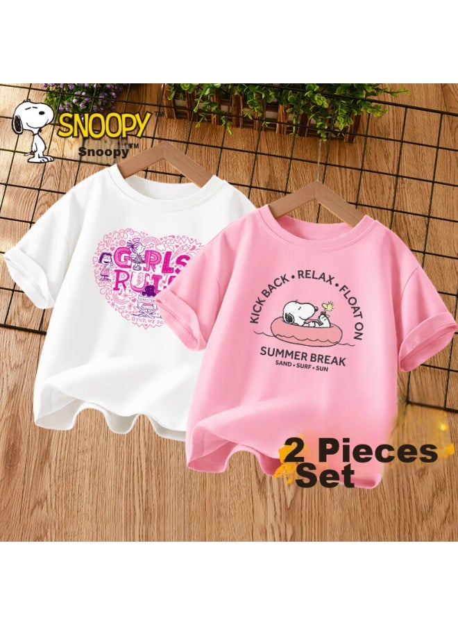 Snoopy Children's Short-sleeve T-shirt, Boys And Girls Pure Cotton Summer Wear, White Fun + Pink Sweet, Size 160 - Image 1