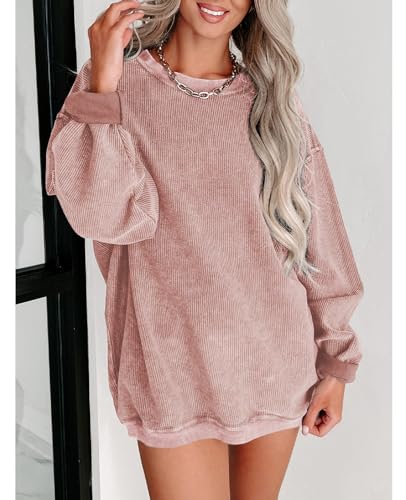 SELINK Womens Crewneck Oversized Corduroy Corded Sweatshirt Long Sleeve Casual Pullover Tops Pink-M - Image 2