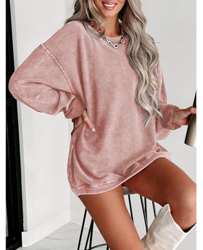 SELINK Womens Crewneck Oversized Corduroy Corded Sweatshirt Long Sleeve Casual Pullover Tops Pink-M - Image 3