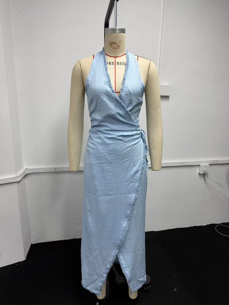 فستان صيفي أنيق بأسلوب بوهيمي للنساء، ب_crop شneck عميق وياقة معلقة وط printed زهور - أزرق فاتح