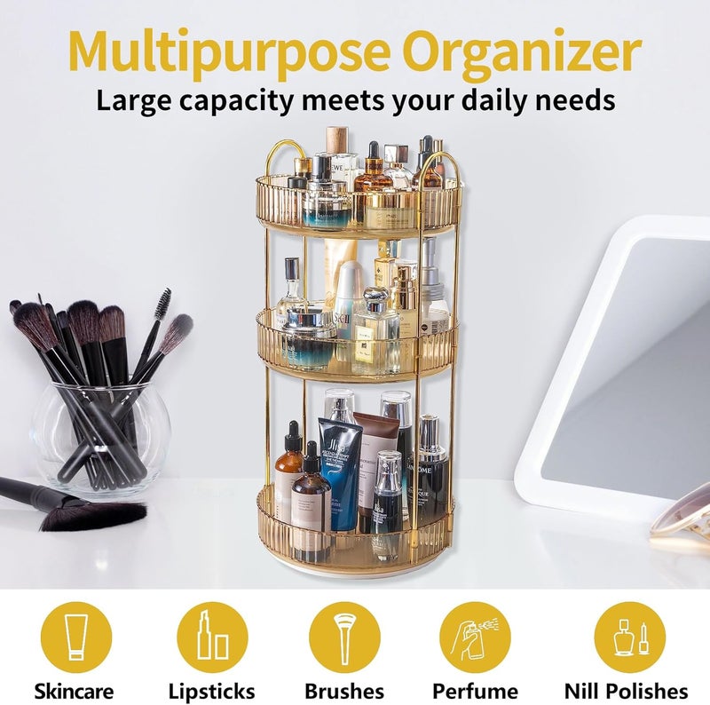 Asayuee 360 Rotating Makeup Organizer for Vanity,3 Tier Large Capacity Vanity Storage,Skincare Perfume Spinning Organizer,Bathroom Cosmetics Storage Makeup Stand Organizer (Gold-3 Tier) - Image 5