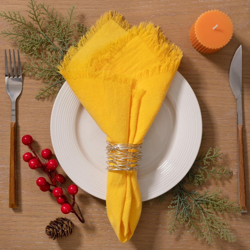 LINXTAR Handmade Cloth Napkins with Fringe 10 Pack 18x18 Thick Cotton Linen Napkins Soft Versatile Dinner Table Napkins for Parties Weddings Everyday Use  Yellow - Image 1